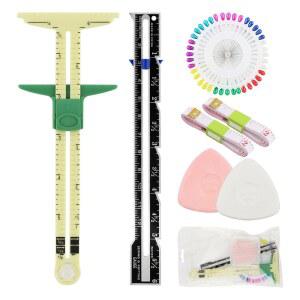 7Pcs 재봉 게이지 측정 도구 5 in 1 슬라이딩 패브릭 퀼팅 자 핀 2개 뜨개질용 T자형