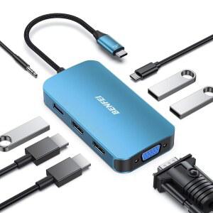BENFEI USB 도킹 스테이션 in 허브 트리플 디스플레이 듀얼 HDMI VGA 3개 100W 파워 딜리버리 맥북 프로 XPS 등과 호환되는 5mm AUX 오디오