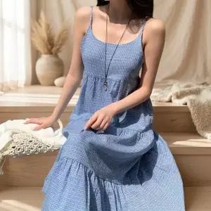 여성 여름 캐주얼 체크 캉캉 롱 원피스25451999588872