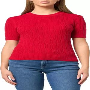 노티카 여성 반팔 크루넥 케이블 솔리드 스웨터