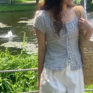 여자 데일리 캐주얼 체크 패턴 프릴 포인트 반팔 블라우스
