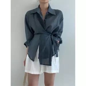 셔츠 블라우스 레이디스 긴 소매 허리 마크 리본 시어 투명감 칼라 첨부 비대칭 변형 디자인 탑스 세련된