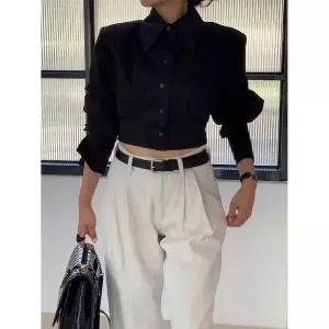 셔츠 블라우스 레이디스 쇼트길이 한국풍 허리 아키 백 리본 모드계 볼륨 소매 예쁜 탑스 세련된 자르기 길