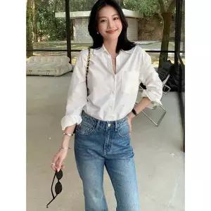 셔츠 블라우스 레이디스 칼라 첨부 예쁜 캐주얼 긴팔 느긋한 코튼풍
