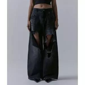 TREEMINGBIRD Flip Cutout Damage Denim Pants [ Black ] TM2479DN003MBB 3424153