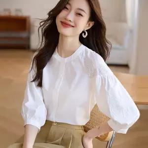 순면 칠부소매 셔츠 여성 봄가을 신상 루즈핏 자수 셔츠 여름 라운드 통근 상의 W2407J29