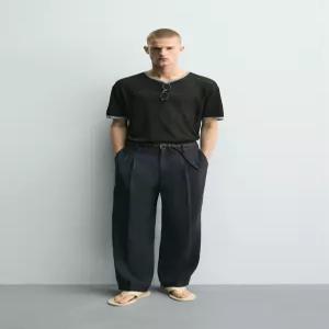 ZARA 콘트라스트 린넨 혼방 니트 티셔츠 - 블랙 5755/442/800