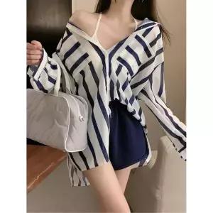 스프 셔츠 레이디스 긴 소매 시어 블라우스 느긋하게 오버사이즈 체형 커버 튜닉 길이 칼라 첨부