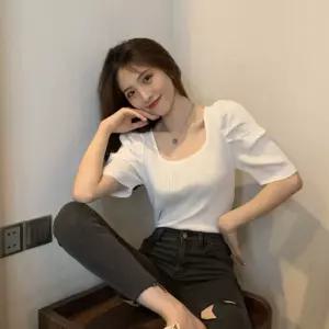 여성 4컬러 스퀘어넥 퍼프소매 봄 여름 반팔 니트티 EDx13zdy