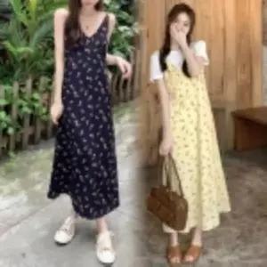 [옷자락]여자 SS 옐로우 슬리브리스 네이비 브이 꽃무늬 롱원피스