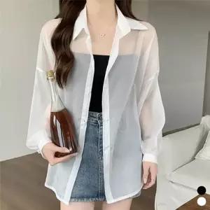 [옷자락]여자 코디 비침 시폰 SS 미니멀리즘 카라 셔츠