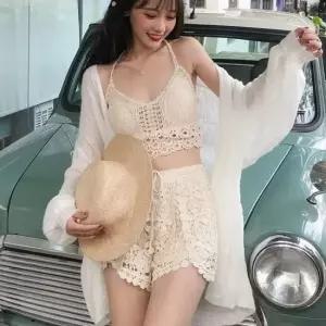 여성 해외 여행 휴양지 레이스 나시 숏 팬츠 세트 숏팬츠 나시 투피스