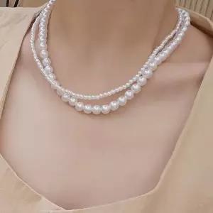 [옷자락]여자 두줄진주 네크리스 베이직 언발 코디 목걸이
