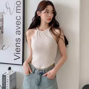 [옷자락]여자 홀터네크 탱크 비침 리본 글램룩 페스티벌 나시