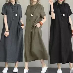 린넨 카라 롱 원피스 루즈핏 퍼프 반팔