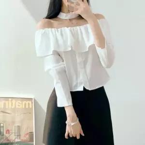 [옷자락]여자 프릴 스모킹 탱크 초커 볼드숄더 블라우스