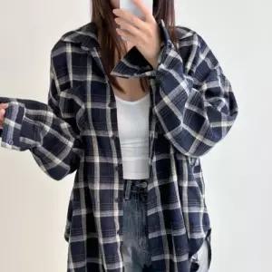 [옷자락]여자 체크셔츠 박시핏 배색패턴 큰사이즈 힙커버 셔츠