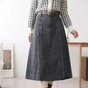 [옷자락]여자 컷아웃 벨트세트 백밴딩 진 A라인롱치마 롱스커트