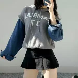 [옷자락]여자 벌룬 후드니트티 FW 필기체 진셔츠 믹스 니트