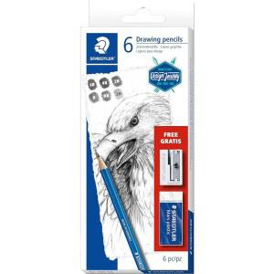 STAEDTLER MARS LUMOGRAPH 아트 세트 | 스케치 100C8LU 지우개 블록 및 금속 연필, 폴리머 6가지 드로잉용 61 샤프너