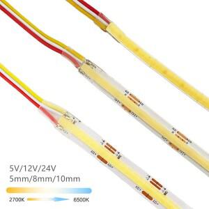 5V 12V 24V CCT COB LED 스트립 2700K ~ 6500K 색상 변경 테이프 디밍 가능 바이컬러 리본 이중 선형 조명