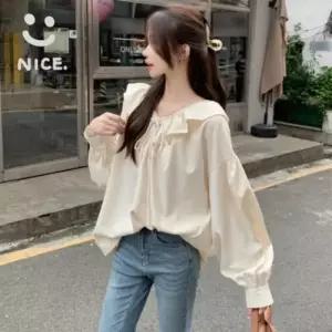 [옷자락]여자 프릴 환절기 벌룬 미색 로맨틱 소매 블라우스
