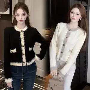 [옷자락]여자 아이보리 콘트라스트 골지 FW 검정 베이직 라운드 가디건