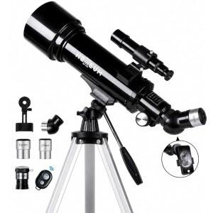 Koolpte 망원경 70mm 조리개 500mm 어린이 성인용 천문 굴절 AZ 마운트 완전 멀티 코팅 광학 대각선 거울 휴대폰 어댑터 포함 휴대용 가방 무선 리모컨 블랙