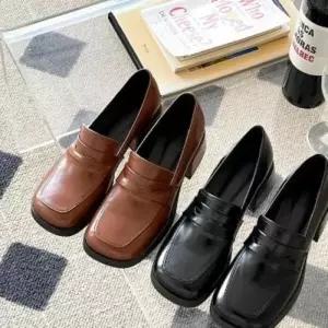 [옷자락]여자 갈색 5cm 두꺼운굽 페니 스퀘어 데일리 검정 로퍼
