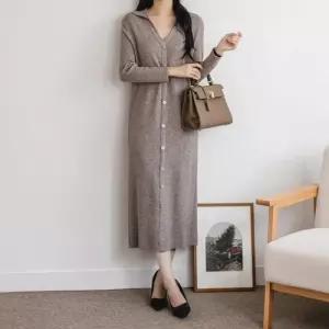 [옷자락]여자 FW 스웨터 미니멀리즘 브이 골지 오픈 카라넥 롱원피스