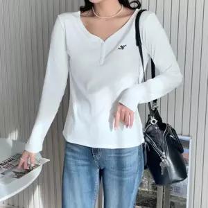 [옷자락]여자 피치 롱슬리브 골지 FW 와이넥 보온 부드러운 티셔츠