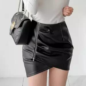 [옷자락]여자 FW 랩 레더 가죽 지퍼디테일 튤립 미니스커트