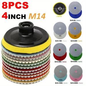 8개 4인치 100mm 다이아몬드 연마 패드 세트, 습식 및 건식 사용, 화강암, 콘크리트, 대리석, 샌딩 디스크