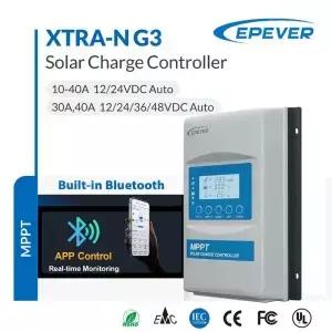 EPEVER 10/20/30/40A MPPT 태양광 컨트롤러 내장 블루투스 12V 24V 48V XTRANG3BLE 60/100/150V PV 패널