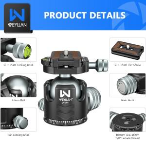 호환 Weyllan DSLR 소니 캐논 카메라용 삼각대 헤드  로우 프로파일 CNC 볼 DH44  360 도 회전 가능  44mm