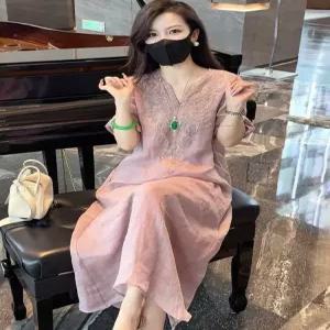 복고풍 린넨 고급 원피스 삼베 엄선 중년 여성용 프린트