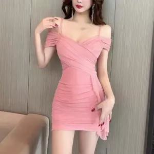 [옷자락]여자 셔링 슬림핏 어깨끈 오프숄더 미니 원피스