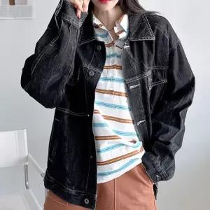 [옷자락]여자 주름워싱 블랙 스티치 포켓 박시 개강룩 청자켓