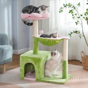 PAWFESSOR FLOWER CAT TREE 34 스크래치 포스트 대형 고양이를 위한 작은 고양이 탑 15.7 U201DL 해먹 탈착식 탑 베드 실내 넓은 콘도 - 핑크와 그린