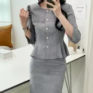[옷자락]여성 클래식 진주단추 노카라 플레어 7부 자켓
