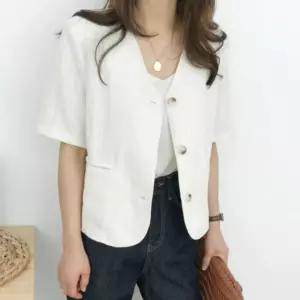 심플 데일리 노카라 디자인 반팔 린넨 자켓