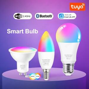 Tuya 스마트 라이프 E14 GU10 E27 WiFi 블루투스 Led 전구 5W RGBCW LED 램프 220V 디 밍이 가능 촛불 스포