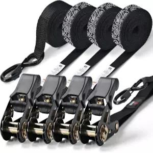 래칫 스트랩 4 PK 15피트 1 823lb 단열 강도 오토바이 트럭 화물 포장용 S 훅 블랙 장착 중장비 타이다운