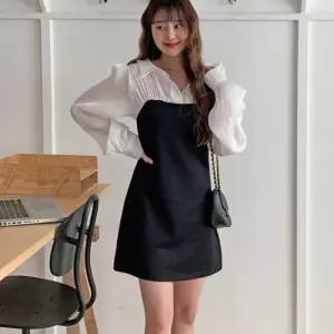 [옷자락]여자 셔링 블라우스 레이어드 블랙 미니 원피스