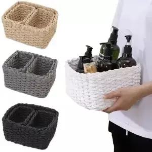 3pcs 수제 밀짚 짠 부드러운 라운드 종이 로프 보관 바구니 장식 보관함 정리 사무실 상자