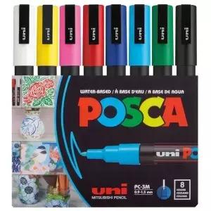 Uni Posca PC-3M 8 색 페인트 마커 세트 파인 0.9-1.3mm 패브릭 유리 용 아크릴 페인팅 펜 금속 목재 바위