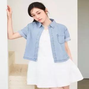 리 Lee 우먼 크롭 데님 반팔 셔츠 인디고 라이트 LEE1889