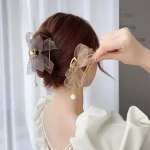 [옷자락]여성 진주 드롭라인 쉬폰 리본 패션 집게핀