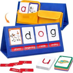 Gamenote 워드 빌딩 데스크톱 포켓 차트 텐트 플래시 카드 키트 - 유치원 읽기 및 맞춤법을 위한 CVC