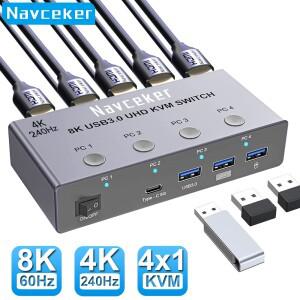 Navceker 4K 240Hz KVM 스위치 HDMI 4x1 8K 4 PC 스위처 4포트 USB 3.0 셀렉터 4in 1아웃 모니터 마우스 키
